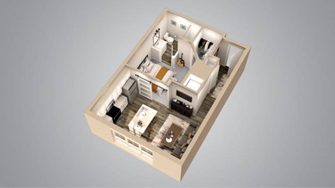 A 3D rendered image of a house layout.